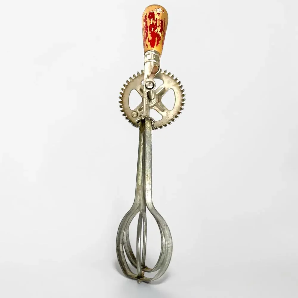 Vintage Red Handle Hand Crank Egg Beater Mixer Wood Handle Farmhouse Kitchen